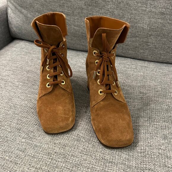 Marion Parke Stevie Suede Lace Up Boots Sz 9 Block Heel Tan Brown Ankle Booties - Picture 7 of 16